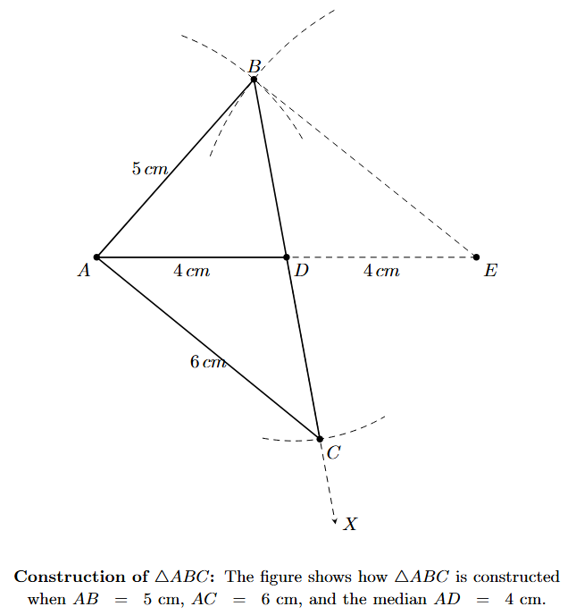 Diagram showing triangle ABC with median AD and related parallelogram ABEC